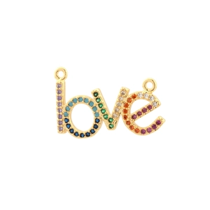 Close-up of golden LOVE letter pendant with multicolor rainbow rhinestones and rings