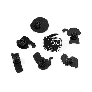 Set of 7 cartoon black cat enamel pins including fishbowl design and butterfly clasps