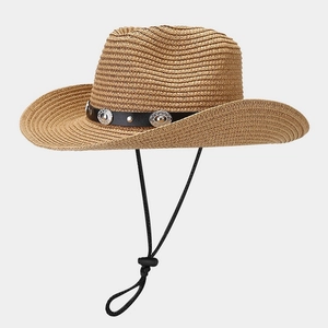 Western Cowboy Straw Hat Breathable Sun Protection Summer Beach Travel With Adjustable Windproof Rope Faux Leather Band