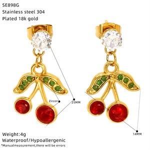 Detailed specs of cherry earrings in gold plated stainless steel with zircon stones