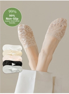 Close-up of floral lace texture on invisible no-show socks in five elegant colors