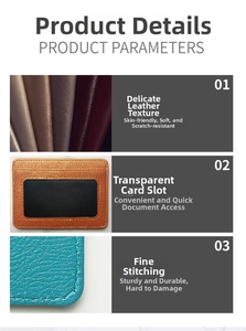 Macro detail of PU leather wallet showing textured grain, transparent slot and stitching