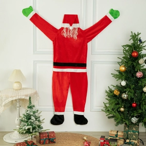Detailed plush velvet Santa Claus climbing wall suit with green gloves for Christmas decor