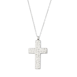 Minimalist silver titanium steel cross necklace with hammered texture finish for men and women