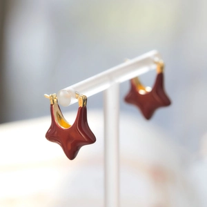 Detailed view of burgundy star earrings with gold metal hooks on a display stand