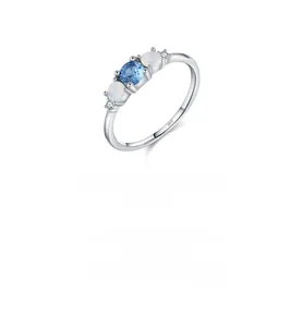 Detailed view of S925 sterling silver ring with blue gemstone and opal accents