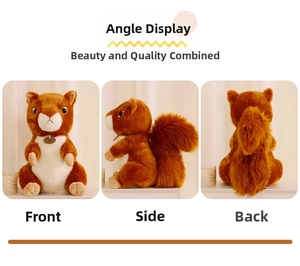 Multiple views showing the fluffy tail and soft fur of a cute plush squirrel toy