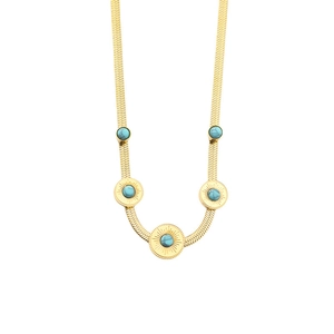Bohemian gold herringbone necklace featuring turquoise beads and engraved sunburst charms
