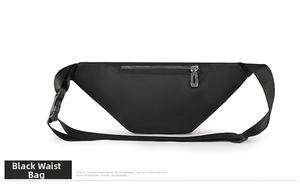 Rear view of black waterproof nylon waist bag featuring hidden anti-theft zipper pocket