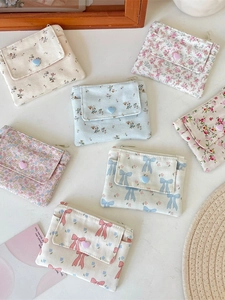 Porte-monnaie En Toile À Fleurs Avec Bouton Coeur Noeud Fermeture Éclair Double Couche Pour Femmes Filles Style Ins Coréen