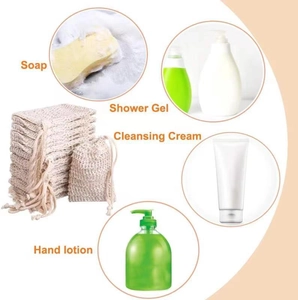 Close-up of beige linen drawstring soap saver pouches for foaming and exfoliation