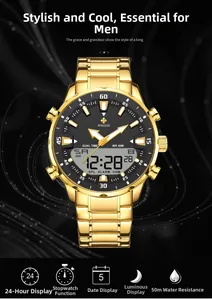 Macro detail of gold steel watch dial showing analog hands and digital dual time display