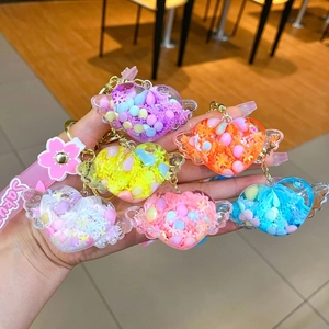 Cute heart wings liquid quicksand keychains in six colors with Sakura wrist strap