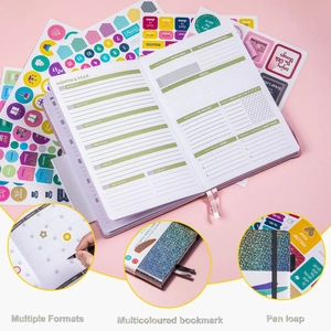 Undated weekly planner with glitter cover, stickers, and multi-color bookmarks set