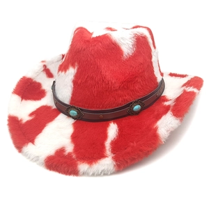 Detailed view of red and white cow print plush cowboy hat with turquoise leather band