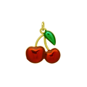 Detailed view of red enamel cherry pendant with green leaf on a gold necklace