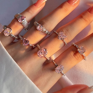 925 Sterling Silver Pink Rhinestone Ring For Women Ice Flower Cut Heart Oval Cushion Zircon Silver Ring Luxury Jewelry Gift