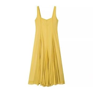 Elegantes ärmelloses gelbes Midikleid mit Paneelnähten und fließendem Plissee-Rock