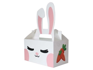 Detail of Easter bunny gift box with 3D ears and cartoon carrot pattern on the side