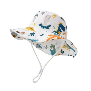 Detail of kids wide brim sun hat with dinosaur prints and adjustable white chin strap