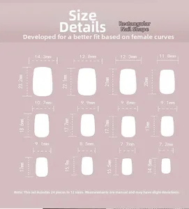 Detailed size chart for long rectangular leopard print press-on nails in 12 various sizes