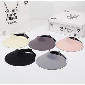 Detail view of five colors of seamless foldable sun visors with elastic back straps