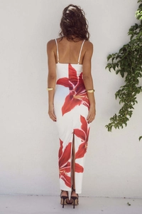 Slim fit white maxi dress with red lily floral print and high back slit detail