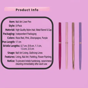 5-piece professional nail liner brush set with metal handles and nylon hair