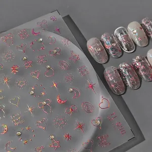 Holographic 3D Relief Nail Art Stickers With Rhinestones Heart Star Moon English Lettering Adhesive Decals DIY Manicure