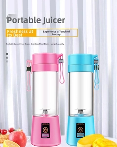 Portable electric juicer with food-grade steel blades in pink and blue colors
