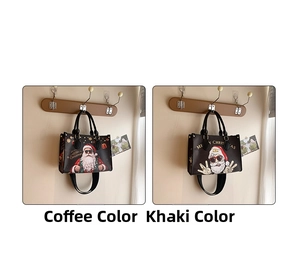 Christmas tote bags in brown and khaki with Santa print and long shoulder straps