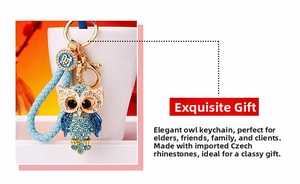 Detailed macro view of diamond-encrusted owl keychain with blue crystal and woven strap
