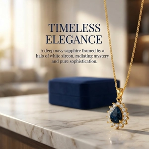 Detail of pear-cut navy sapphire pendant with white zircon halo on gold Cuban chain