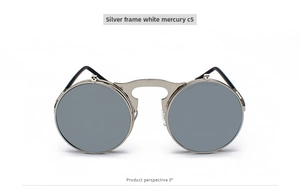 Front view of silver metal steampunk flip-up sunglasses with round white mercury lenses