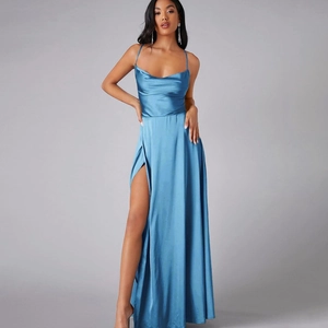 Elegant lake blue satin slip dress with a backless design and high side slit