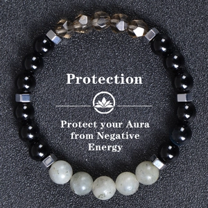 8mm Obsidian Moonlight Natural Stone Bracelet Protection with Lotus and Silver Accents