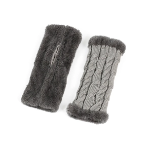 Detail of cable knit wool wrist warmers and plush fur lining in shades of grey