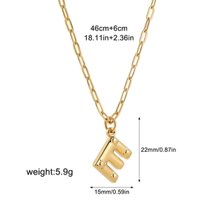 Detailed size specifications for gold bubble letter E necklace with paperclip chain
