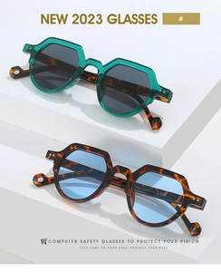 Detailed macro view of mint green and tortoiseshell geometric sunglasses with UV protection