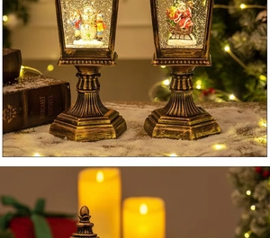 Macro detail of retro bronze Christmas lantern with snowman and glowing snow scenes