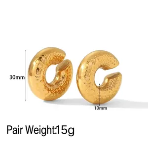 Chunky 18k gold plated C-shaped earrings with hammered texture and 30mm diameter