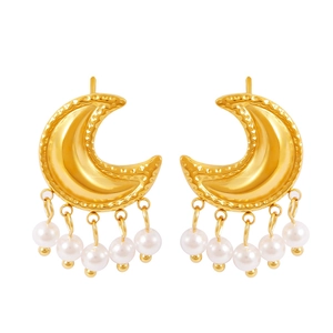 Elegant gold moon earrings with dangling white imitation pearl fringe in a luxury style
