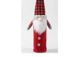 Detail of Christmas gnome wine bottle cover with red plaid hat and wooden buttons