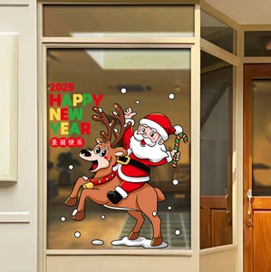 Detail of 2025 Santa Claus and reindeer window sticker for Christmas glass decoration
