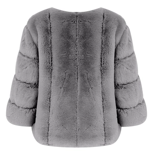 Detailed back view of a grey faux fur coat showing thick fluffy texture and plush finish