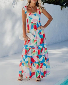 Detail of multi-colored floral sundress showing elastic bust and tiered skirt structure