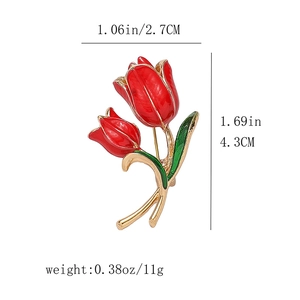 Detail view of red tulip enamel brooch with size and weight specs on a clean background