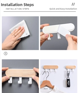 Detailed four-step guide for installing wood grain wall hooks using adhesive backing