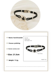 Detail view of men's braided leather bracelet with stainless steel compass charm and clasp