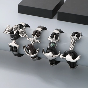 Men's Viking Thor hammer and anchor leather bracelets with punk silver metal charms